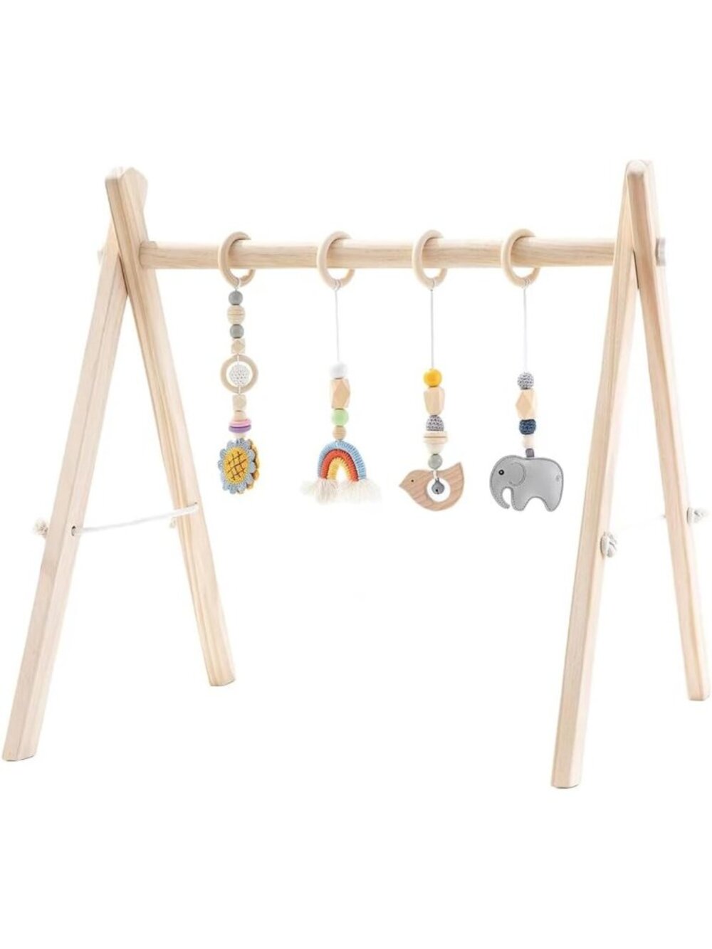 Foldable Wooden Baby Play Gym with 4 Sensory Toys | Montessori Infant Activity